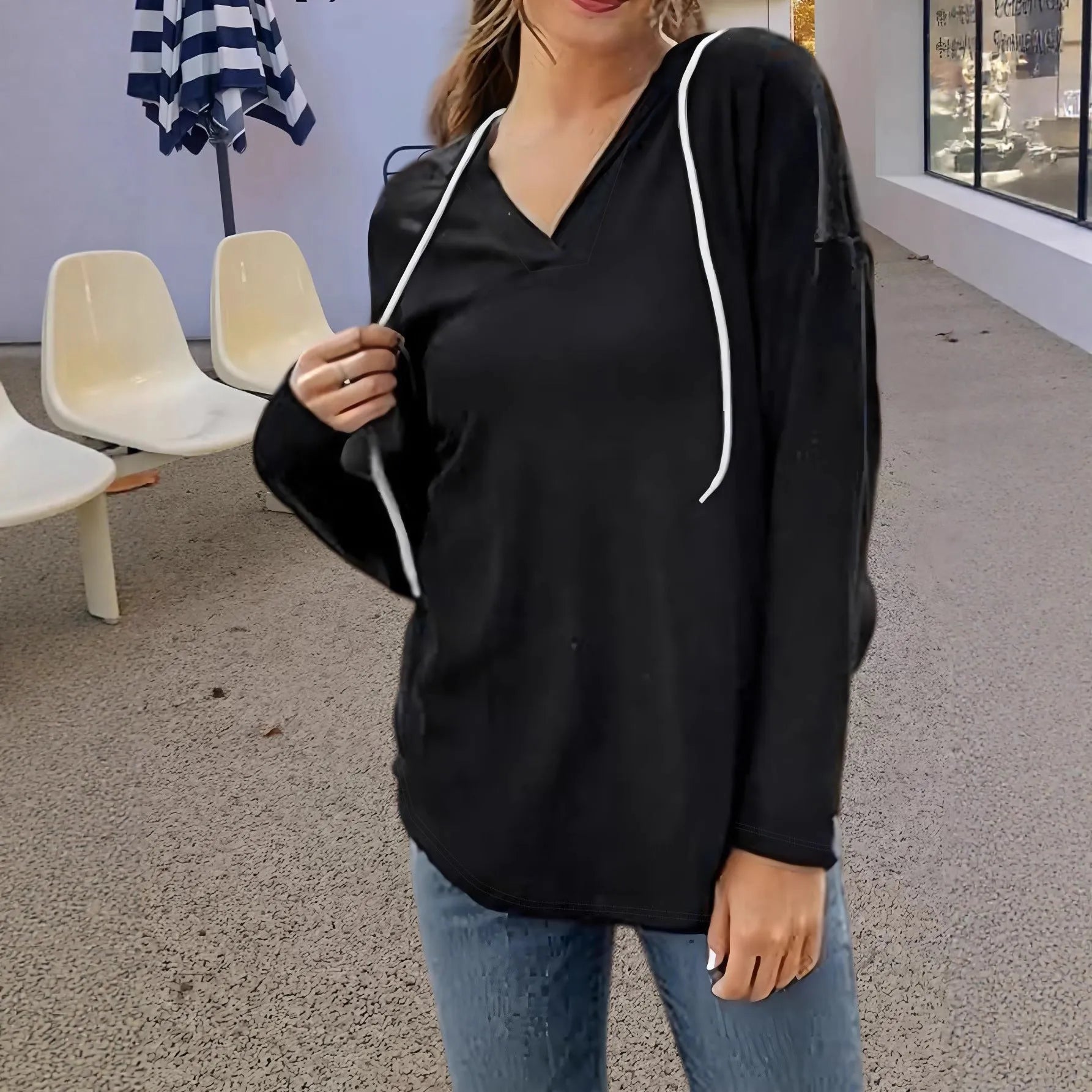 Red women's V-neck sweatshirt hoodie with regular sleeves in loose fit style
