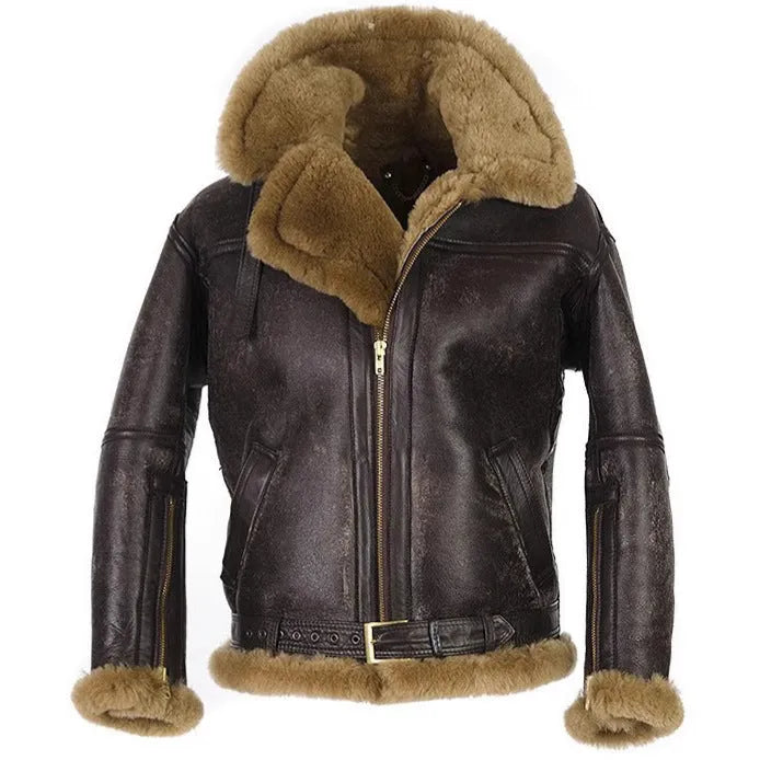Men's brown retro-style synthetic fur coat with side pockets on a neutral background.
