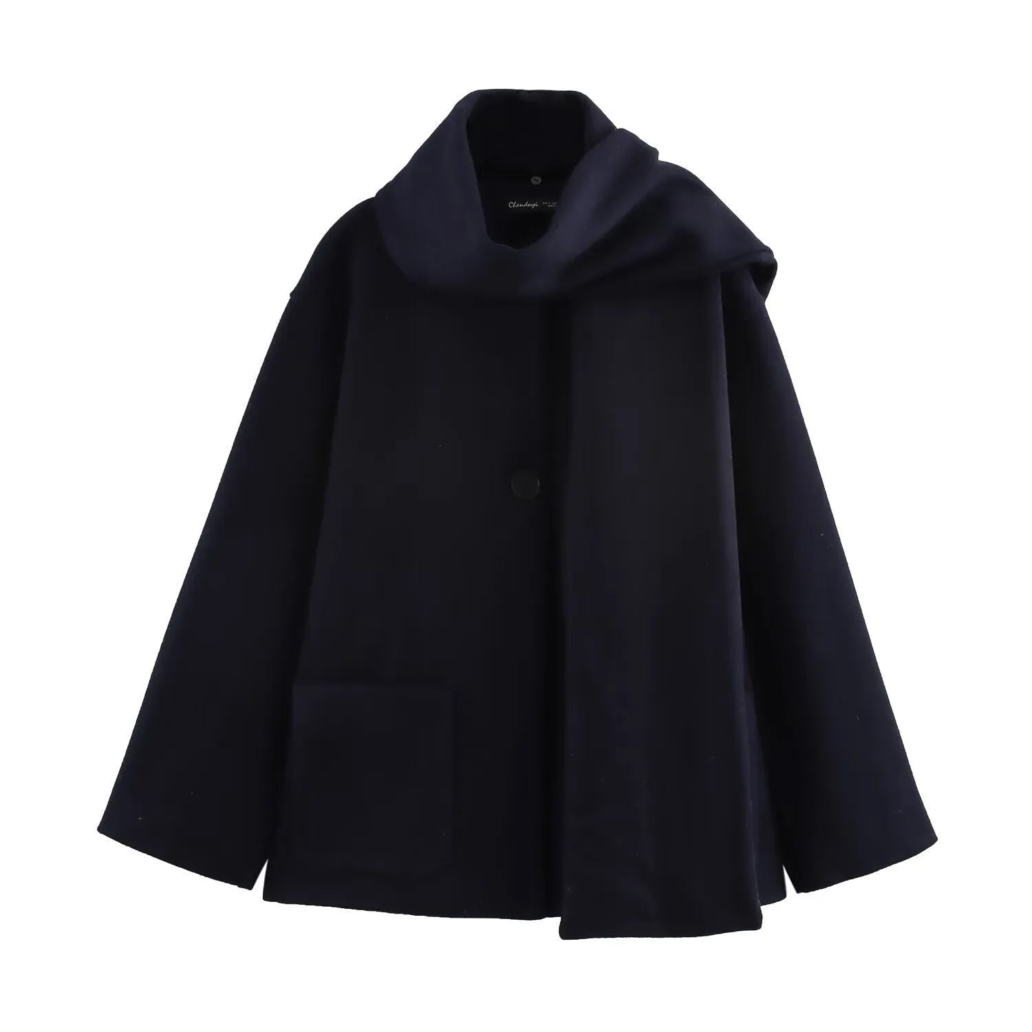 Women's long grey wool blend overcoat with a large artificial fur collar and pockets.