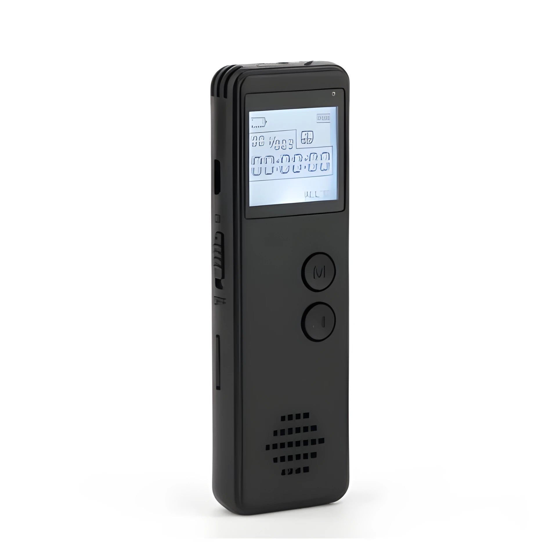 Black digital voice recorder with screen, one-key recording, and USB port for memory expansion.