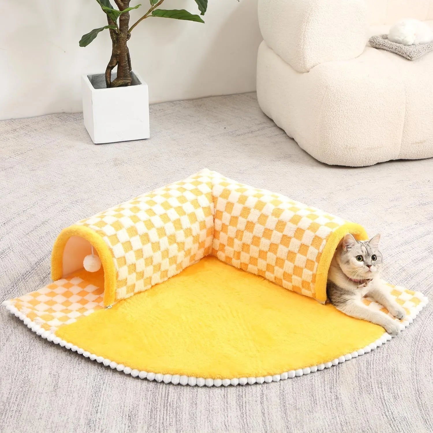 XL fan-shaped plush pet bed tunnel with a coffee plaid pattern and anti-slip base.
