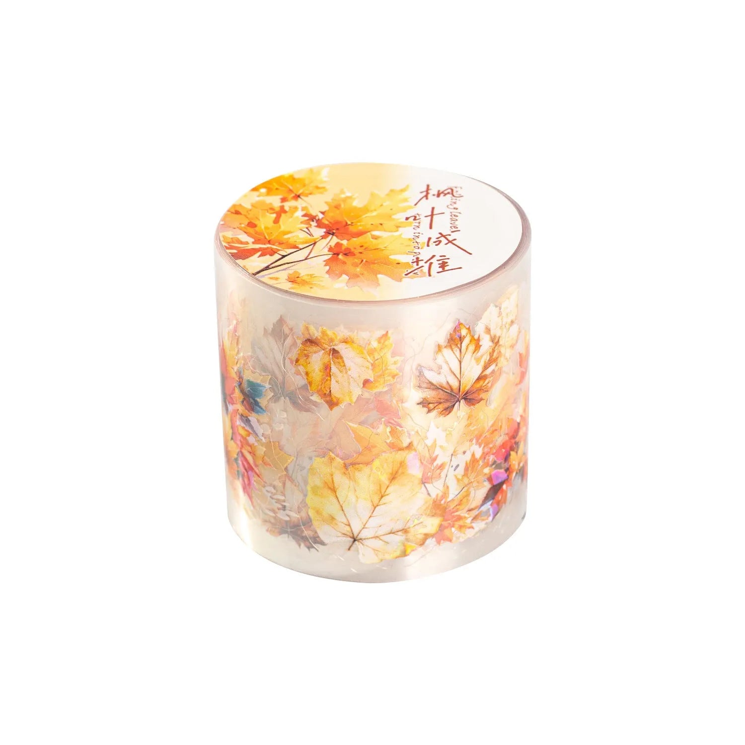 PET decorative sticker roll showing six natural leaf colour variations including ginkgo and maple designs