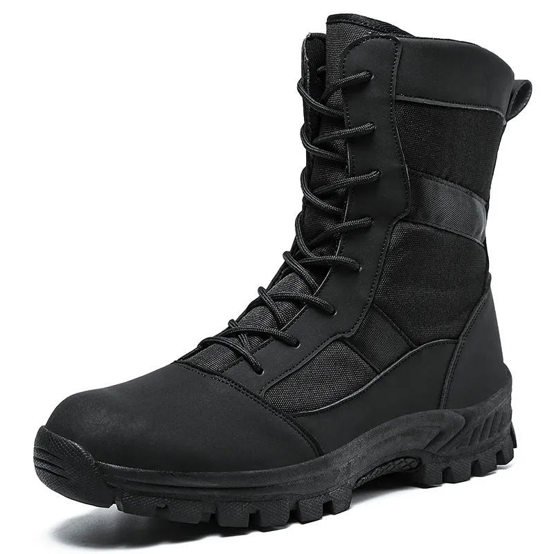 Men's black high-top combat boots with mesh upper and totem pattern detailing