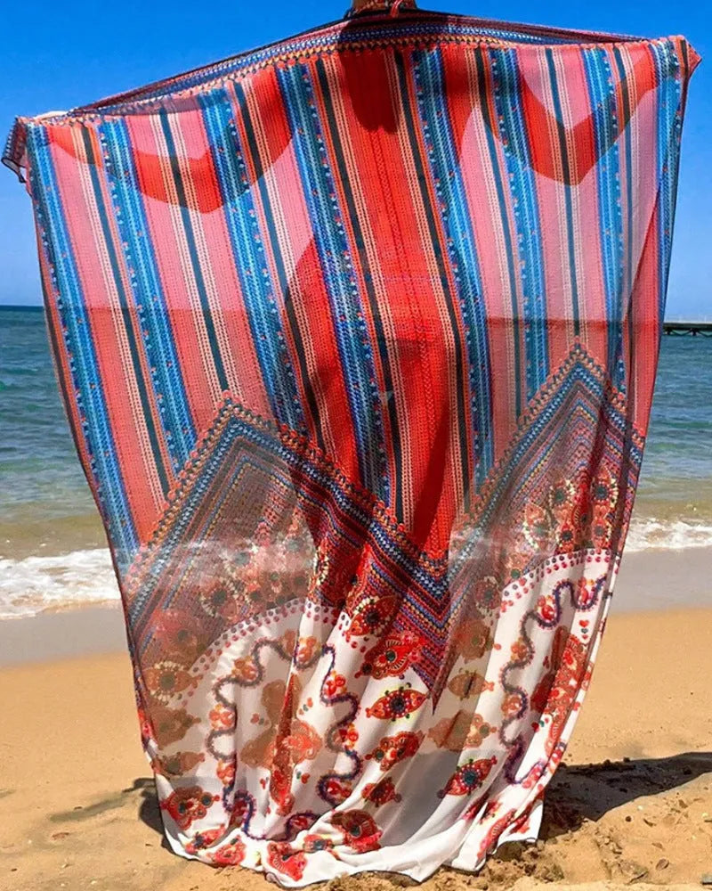 Women's three-piece swimsuit set showing high-waist briefs, cutout sleeveless blouse, and a coat.