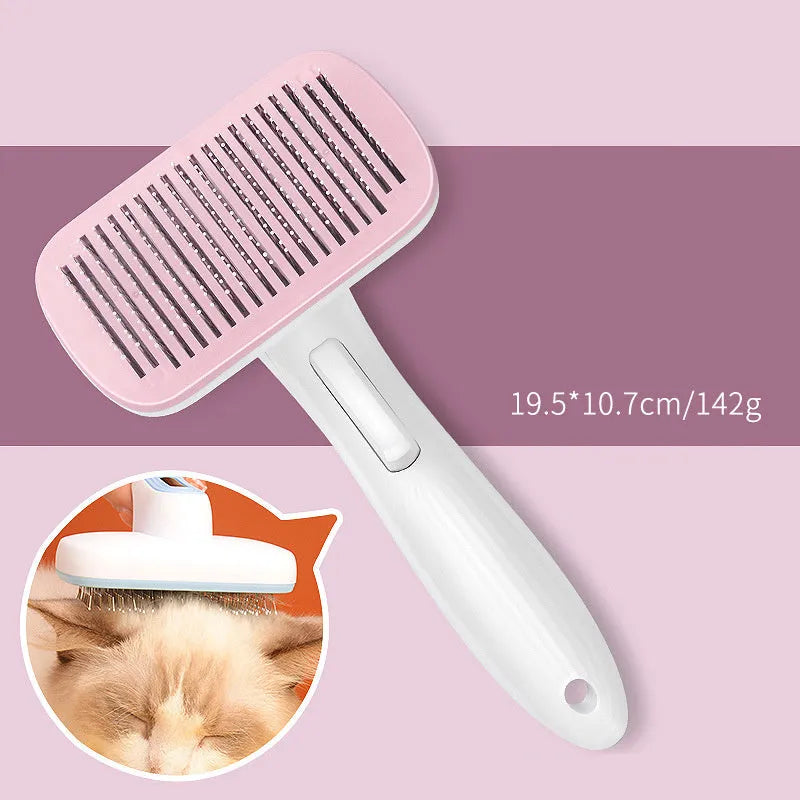 Automatic pet hair removal comb in blue, showing compact design and needle comb.