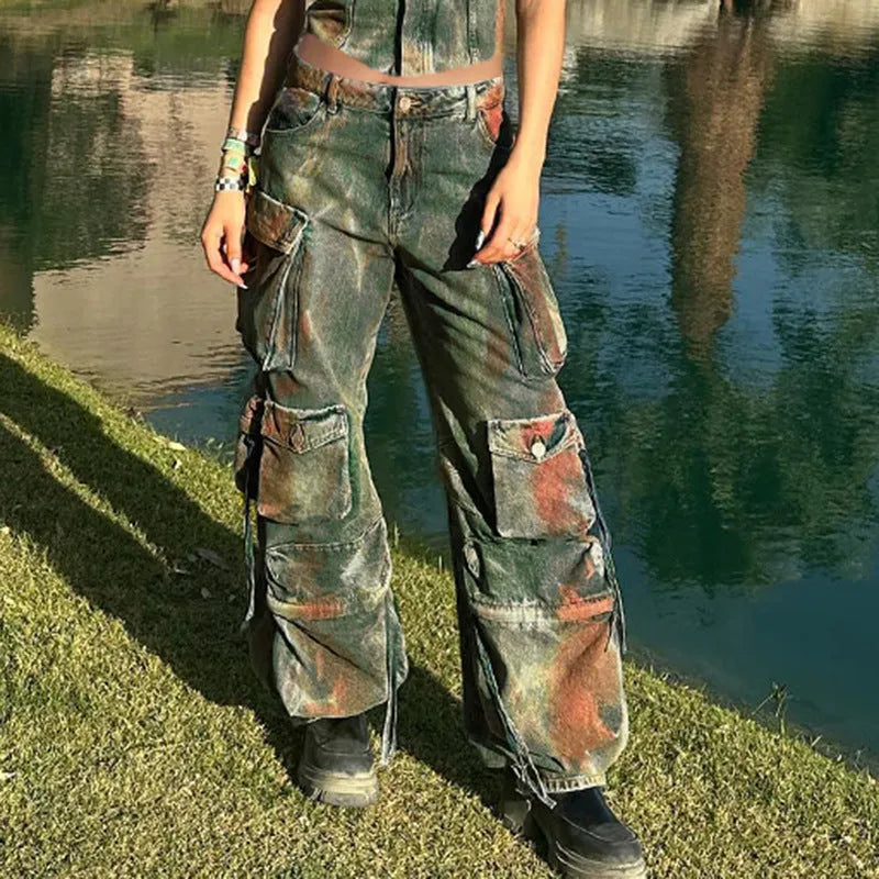 Loose fit cargo denim trousers with multiple gradient colour pockets and collage stitching details