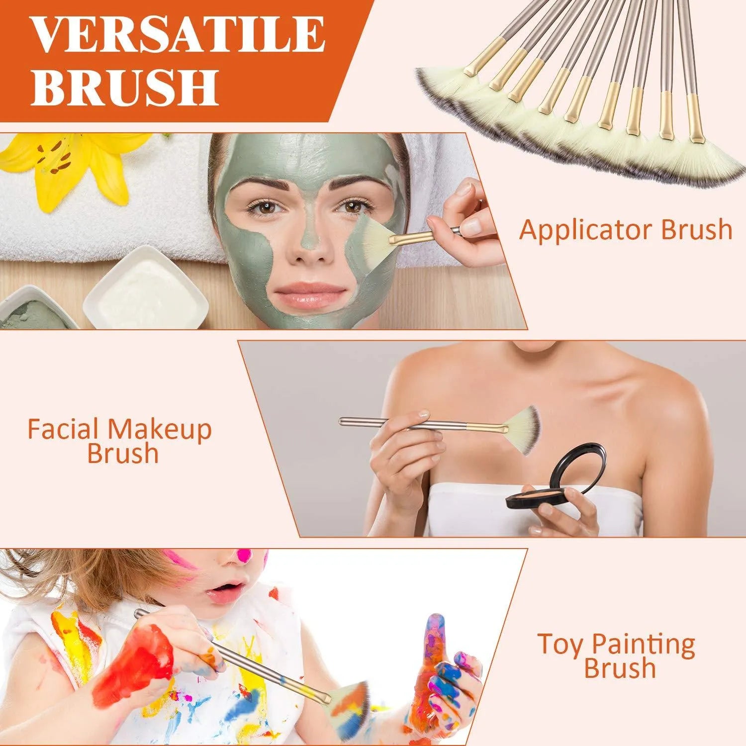 Set of 10 professional fan makeup brushes with champagne handles and protective covers.