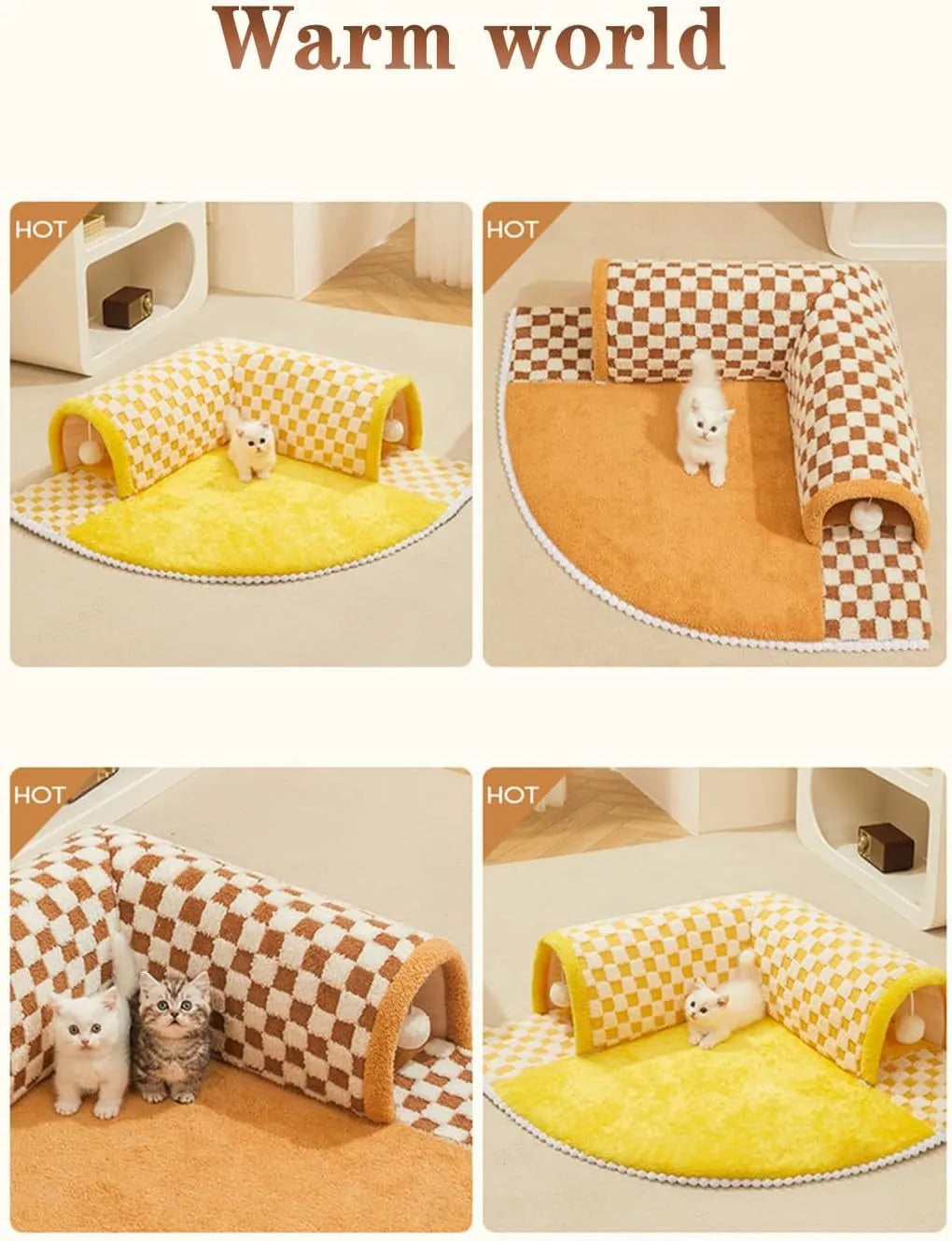 Brown plush plaid cat tunnel bed with central mat and zippered collapsible tunnel for indoor cats