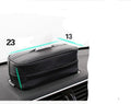 Black PU leather hanging storage box with dimensions for car organisation.