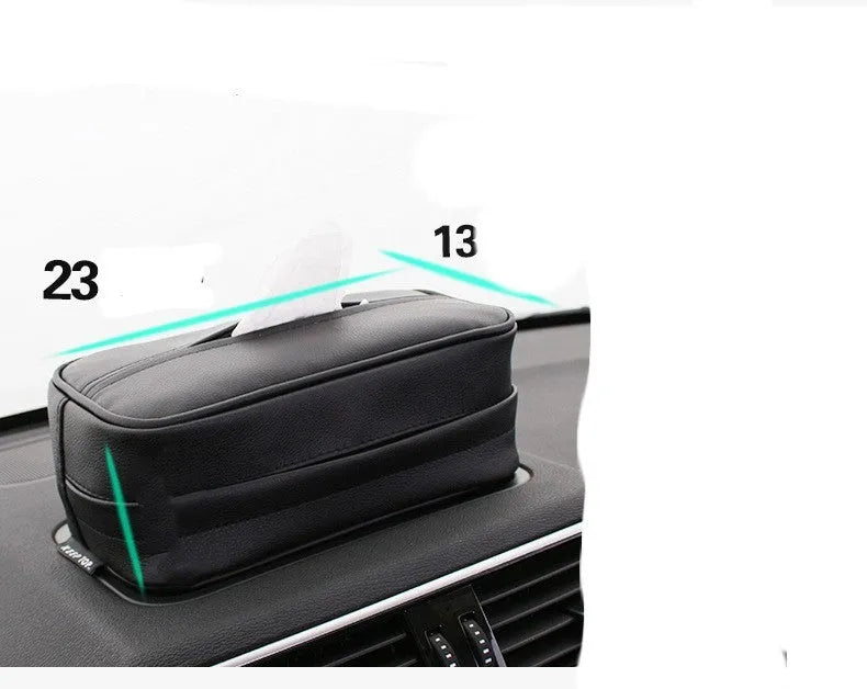 Black PU leather hanging storage box with dimensions for car organisation.