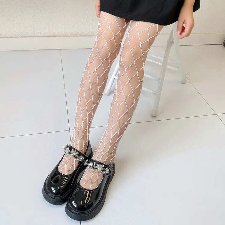 Women's mesh stockings showing large, medium, and small net patterns in black and white colours