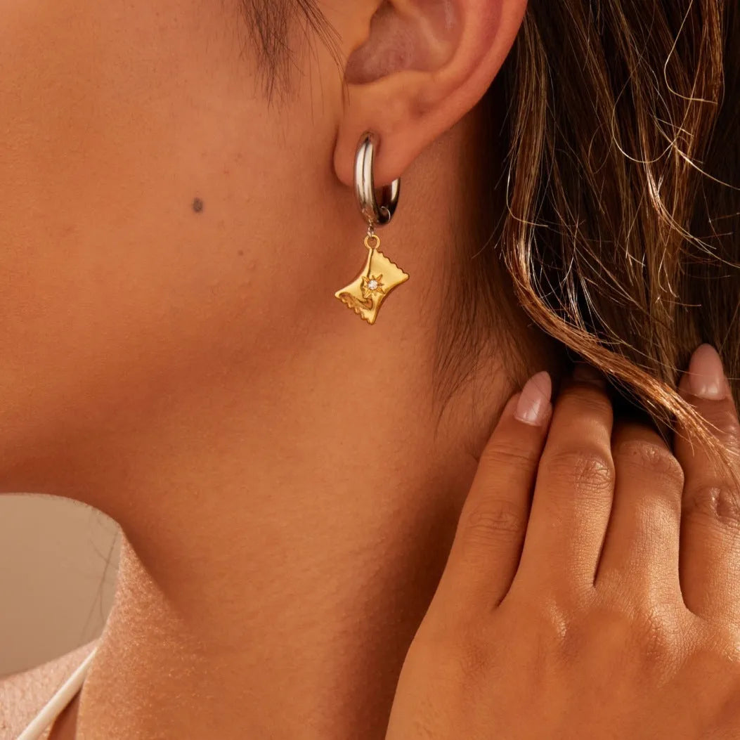 Christmas tree earrings with heart and star designs in 18K stainless steel electroplated jewellery