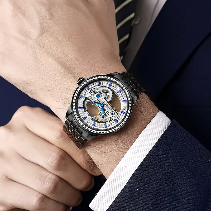 Men's luxury zircon mechanical watch with stainless steel case and black leather strap
