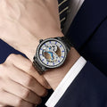 Men's luxury zircon mechanical watch with stainless steel case and black leather strap