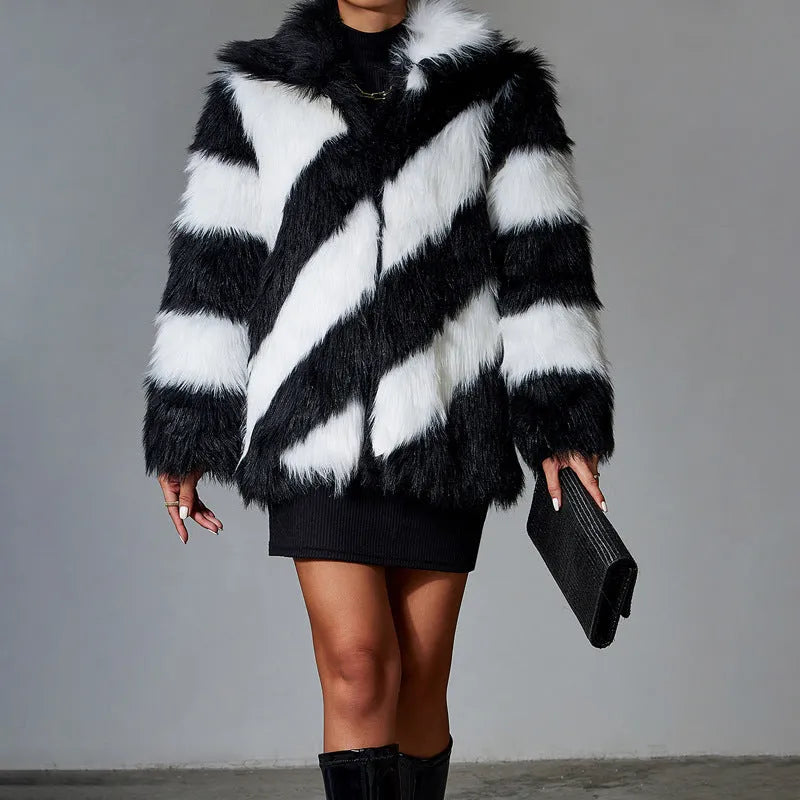 Women's faux fur coat with contrast colour lapels and detachable fur collar in picture colour option