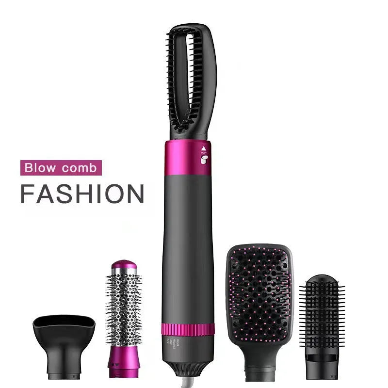 Dyson Grey coloured 5-in-1 hair dryer brush with multiple brush heads displayed beside the main unit.