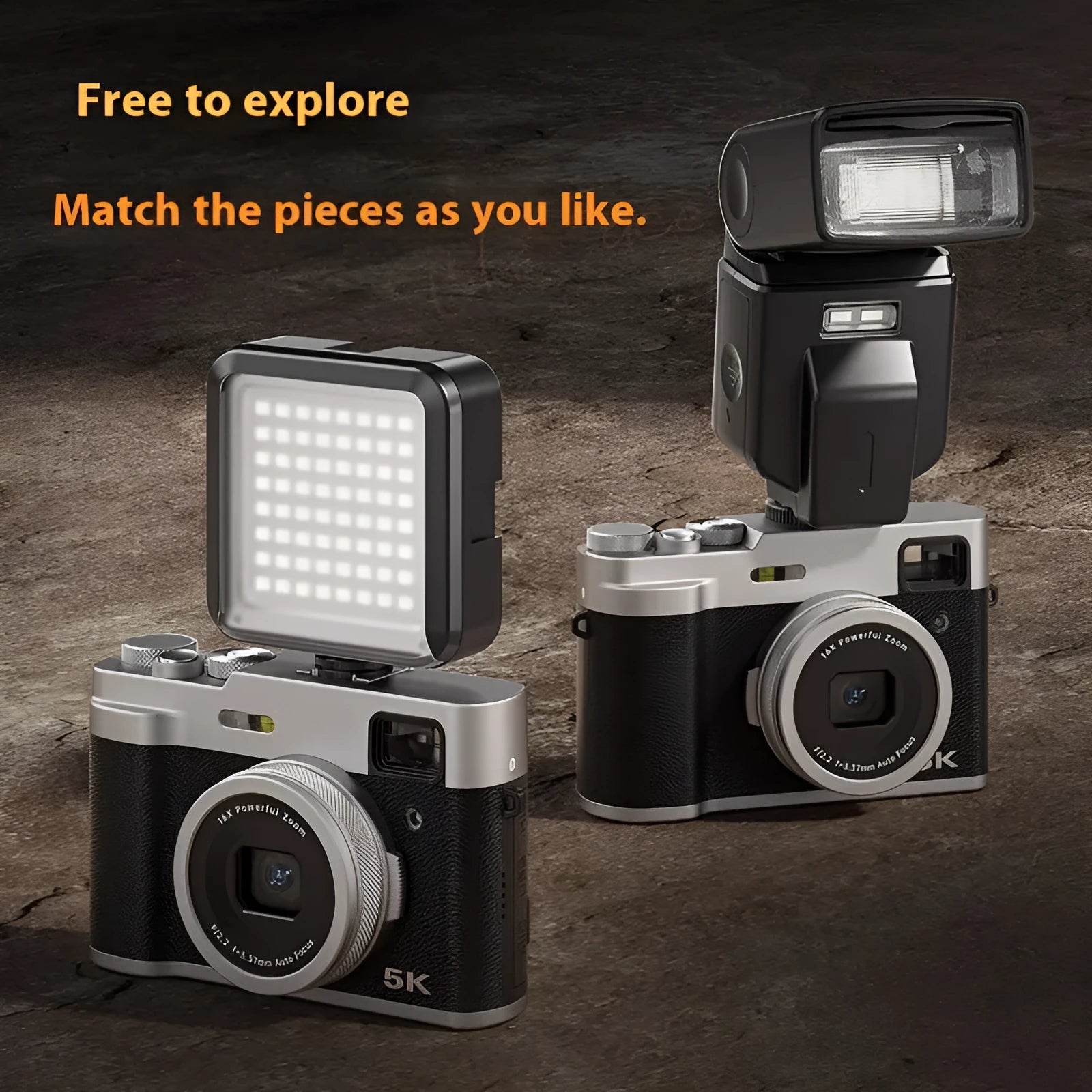 Black and brown 5K HD digital camera with front and rear lenses, optical viewfinder, and 2.88-inch screen