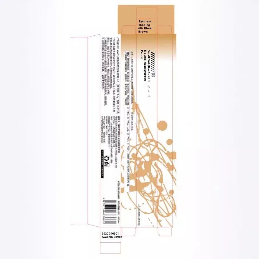 Gold chopsticks design ultra-fine eyebrow pencil in a display of five shades: light brown, kaki brown, dark brown, grey black, and black.