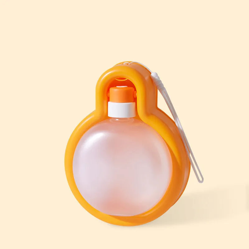 Green Orange Yellow portable pet travel cup with integrated drinking bowl and handle, showing 500ml and 350ml size options.