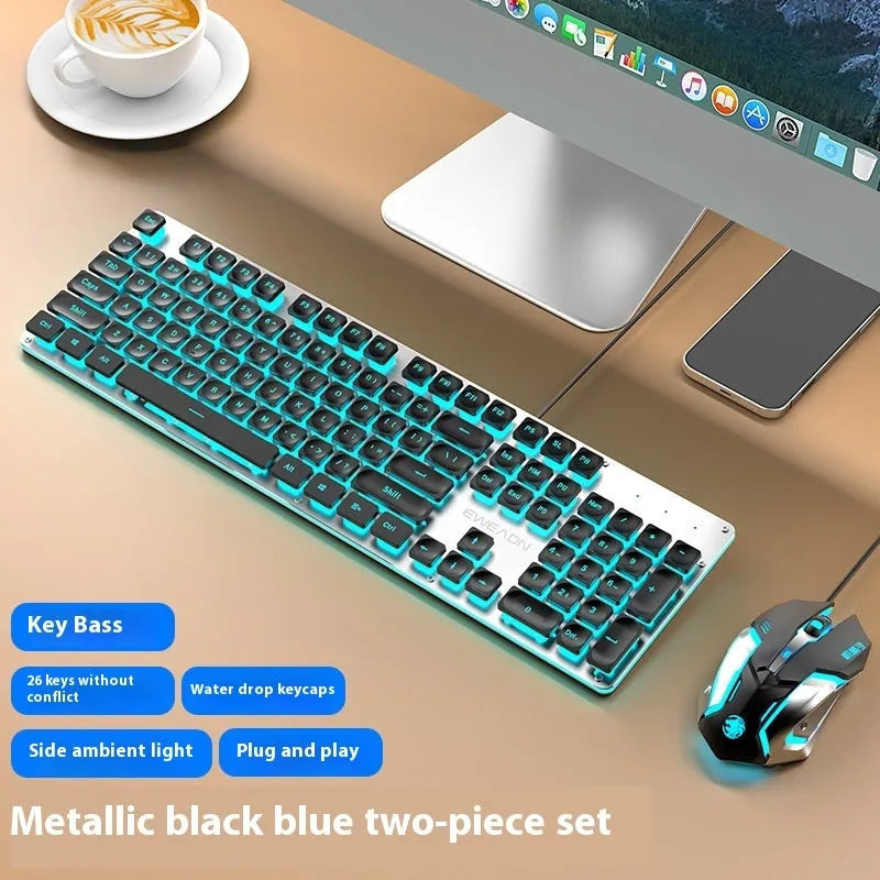 Wired computer keyboard with mute button and blue backlighting on a desk