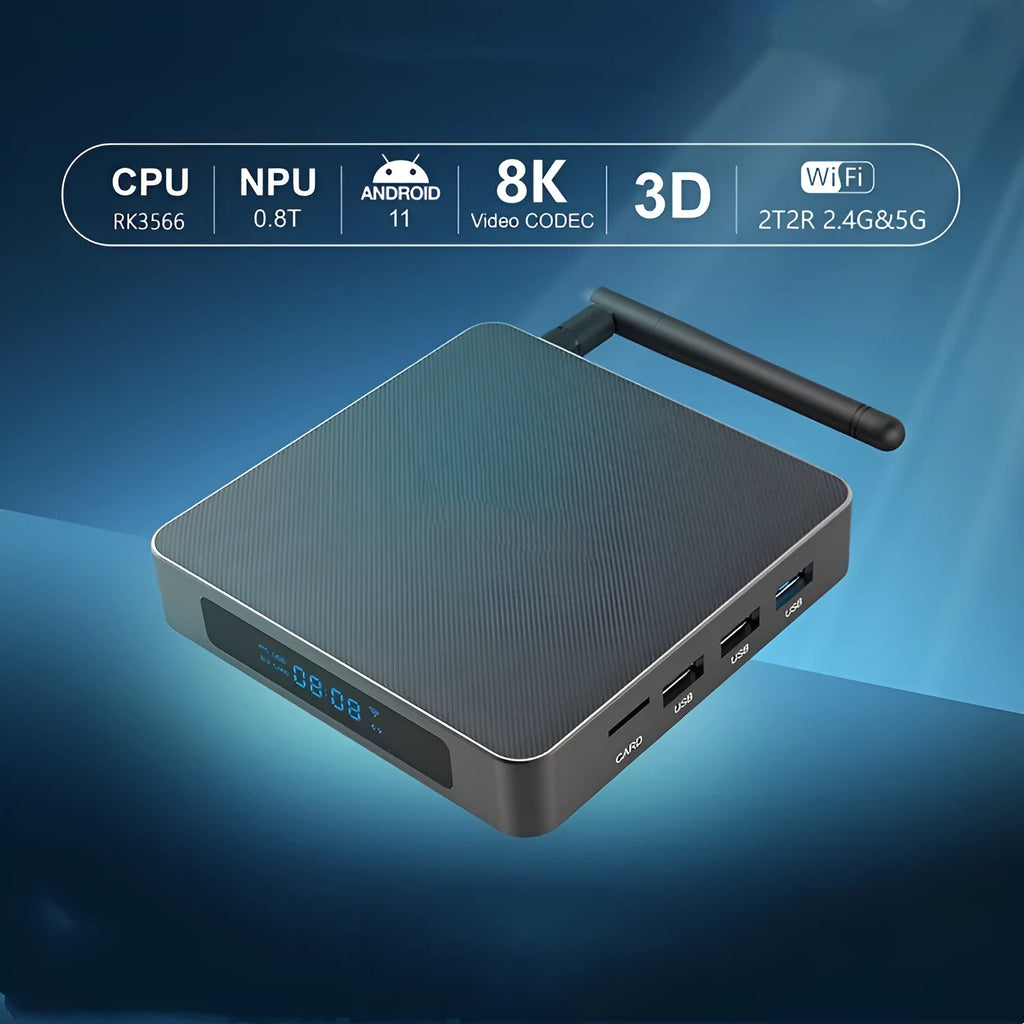 Android TV box with RK3566 processor, 8GB RAM, 8K output, Bluetooth, and HDMI connectivity