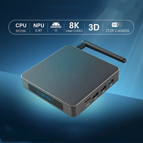 Android TV box with RK3566 processor, 8GB RAM, 8K output, Bluetooth, and HDMI connectivity