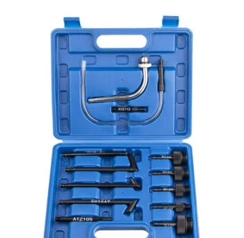 Automatic transmission oil refuelling kit showing transmission injector tool and set of funnels