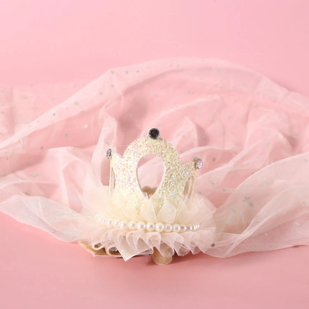Pet wearing princess crown headdress with beige veil for wedding celebration accessory