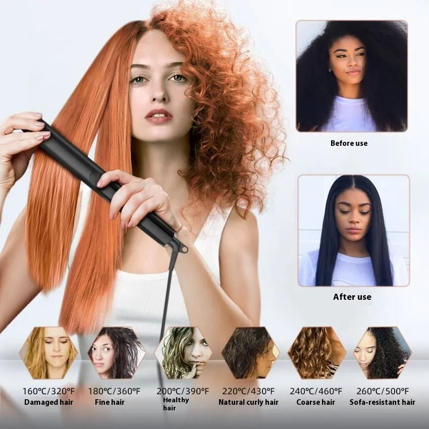 Hair straightener and curler with ceramic plates showing 207°C display and EU plug