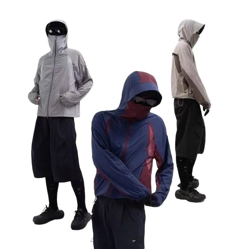 Mesh stitching sun protective clothing in desert brown, light grey, red or blue nylon fabric