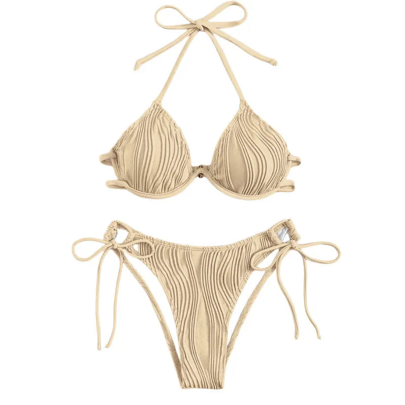 Women's steel bracket underwire split bikini swimsuit in various colours.