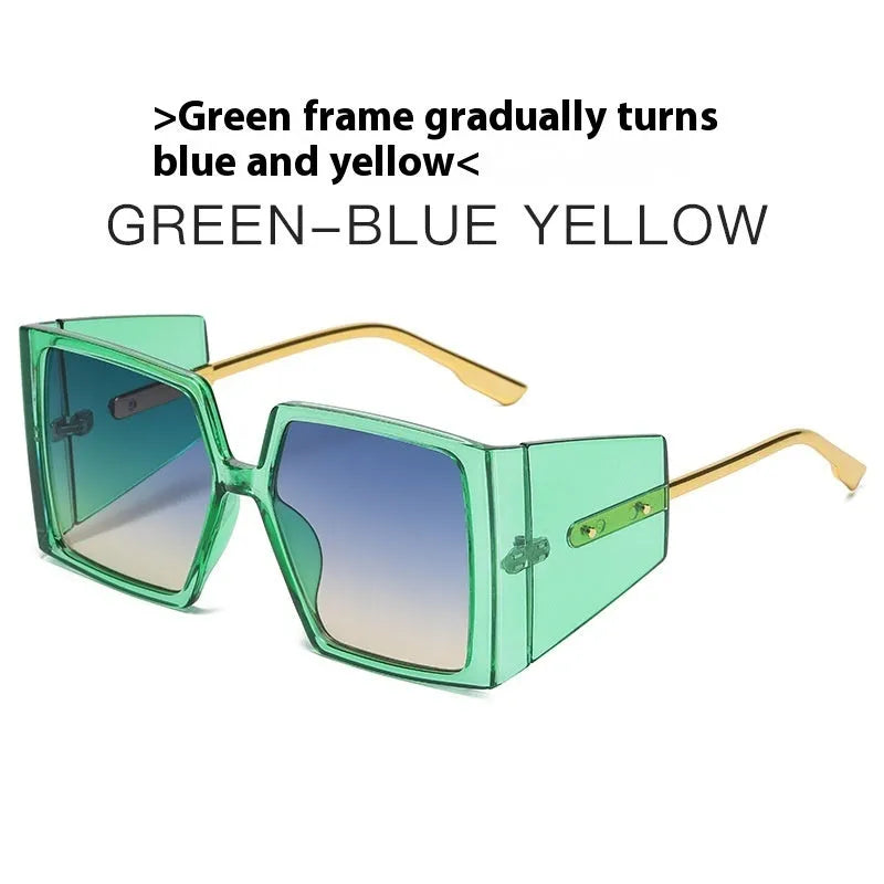 Large square frame sunglasses showing available colour options including black, blue, and orange frames.