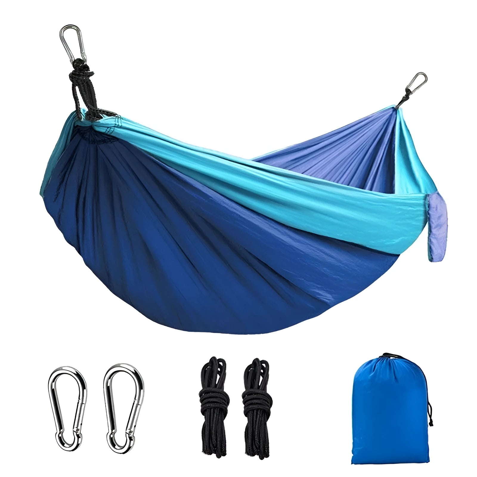 Blue nylon parachute cloth outdoor hammock with reinforced stitching hung between trees