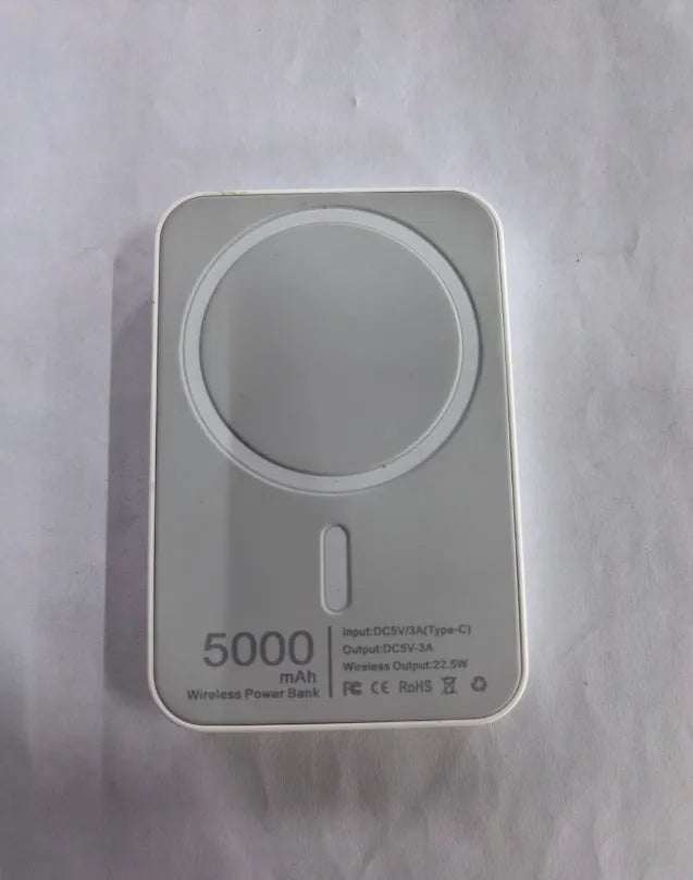 White magnetic wireless charger power bank with 5000mAh capacity and USB-C port