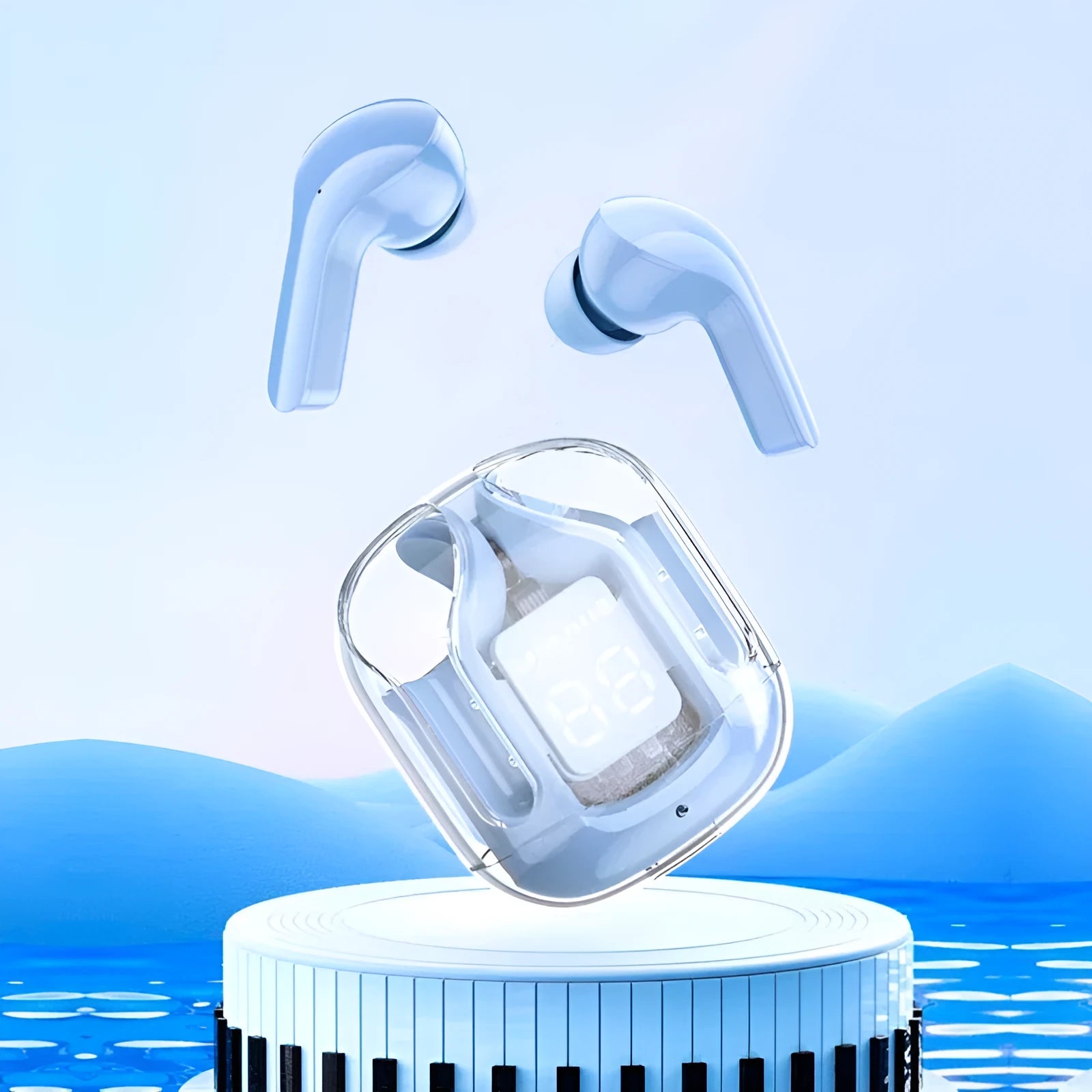 True wireless Bluetooth earphones with transparent space capsule charging case showing digital display screen