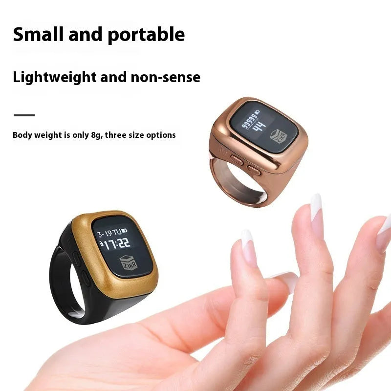 Al-Fatiha electronic zikr counter with digital display on a wristband, shown in rose gold colour.