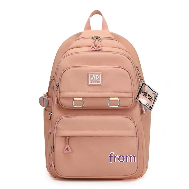 Large capacity girls' school backpack in nylon, showing colour options and physiological back support design.