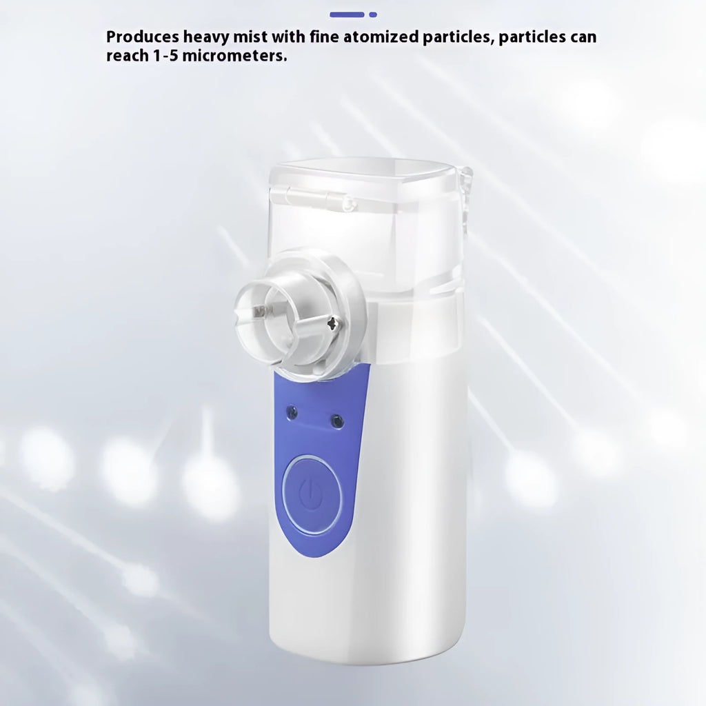 A columnar-shaped plastic handheld USB nebuliser for quiet drug atomisation at home.