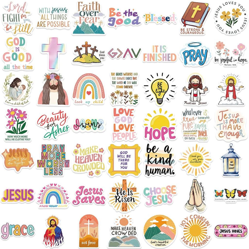 Assortment of colourful printed graffiti stickers from a 50-piece set for decoration.