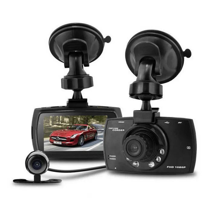 G30 HD dual-channel car DVR camera system with front and rear lenses on a windscreen bracket.