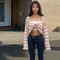 Striped long-sleeved cotton sweater with front and back wearable design and exposed navel detail