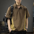 Men's brown half-zip stand collar shirt with short sleeves and loose fit summer design