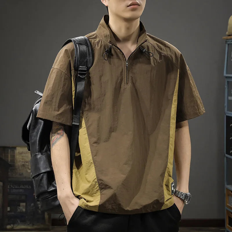 Men's brown half-zip stand collar shirt with short sleeves and loose fit summer design