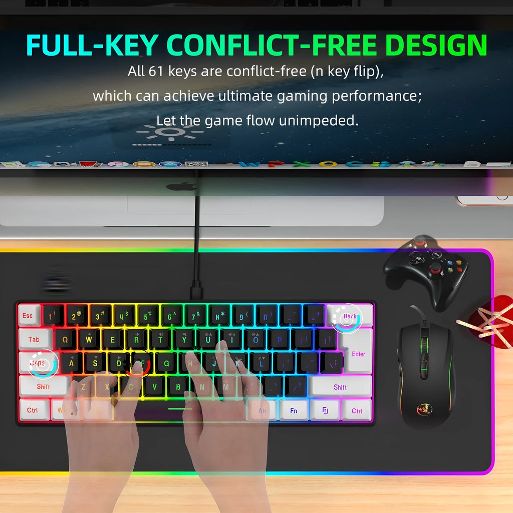 V700WB white and black keyboard and mouse suit with colour backlighting on a desk.
