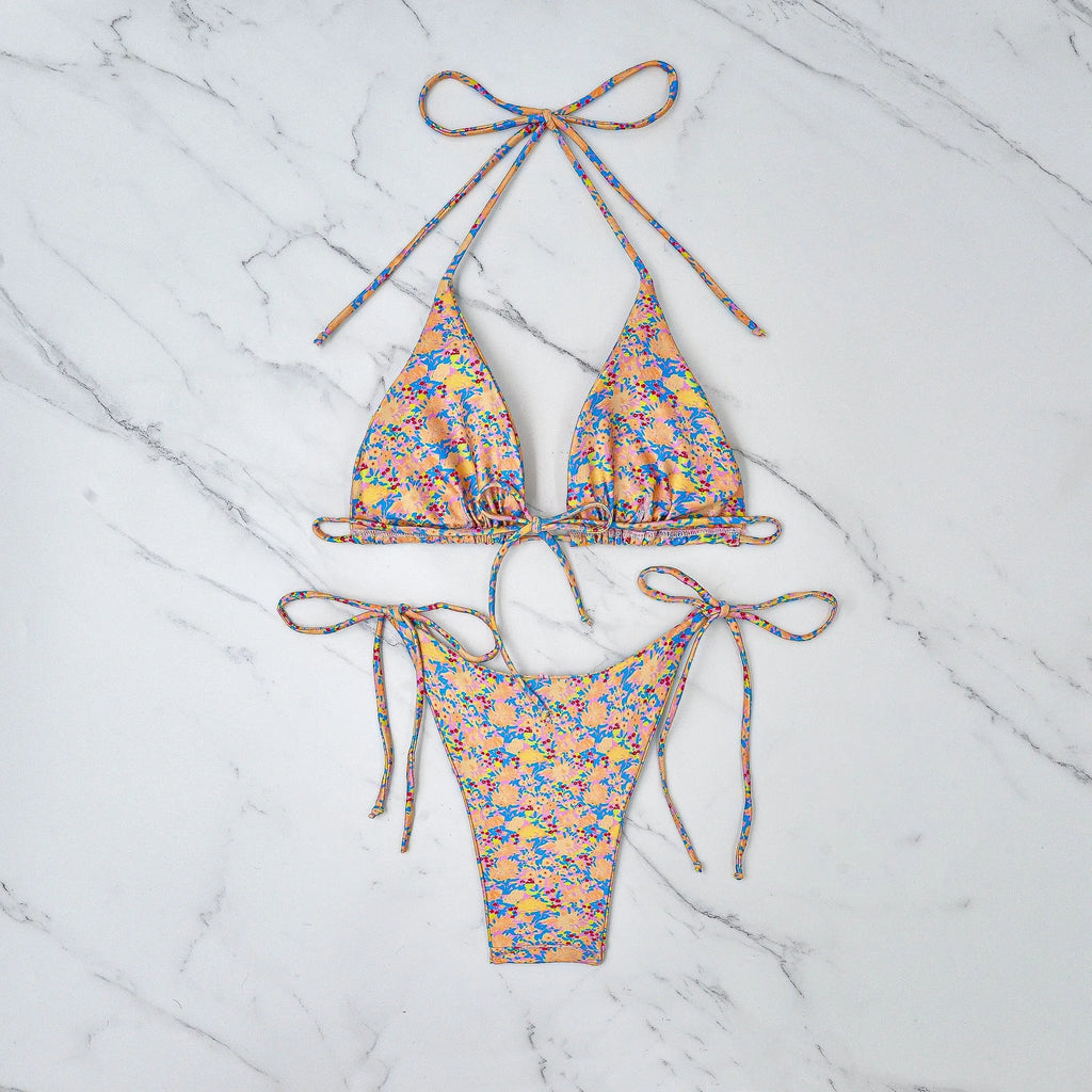 Lace-up bikini two-piece swimsuit with split design and briefs style in picture colour