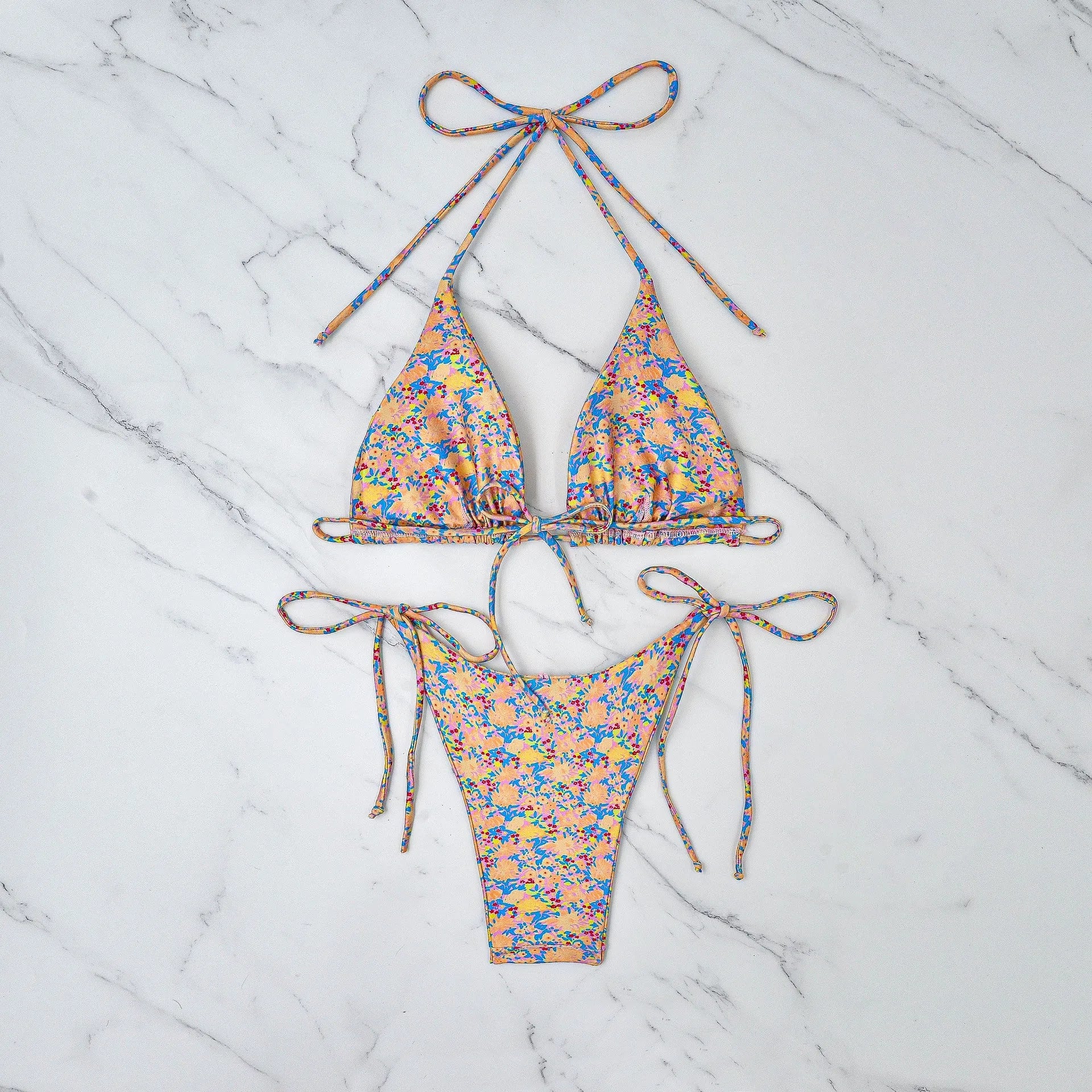 Lace-up bikini two-piece swimsuit with split design and briefs style in picture colour