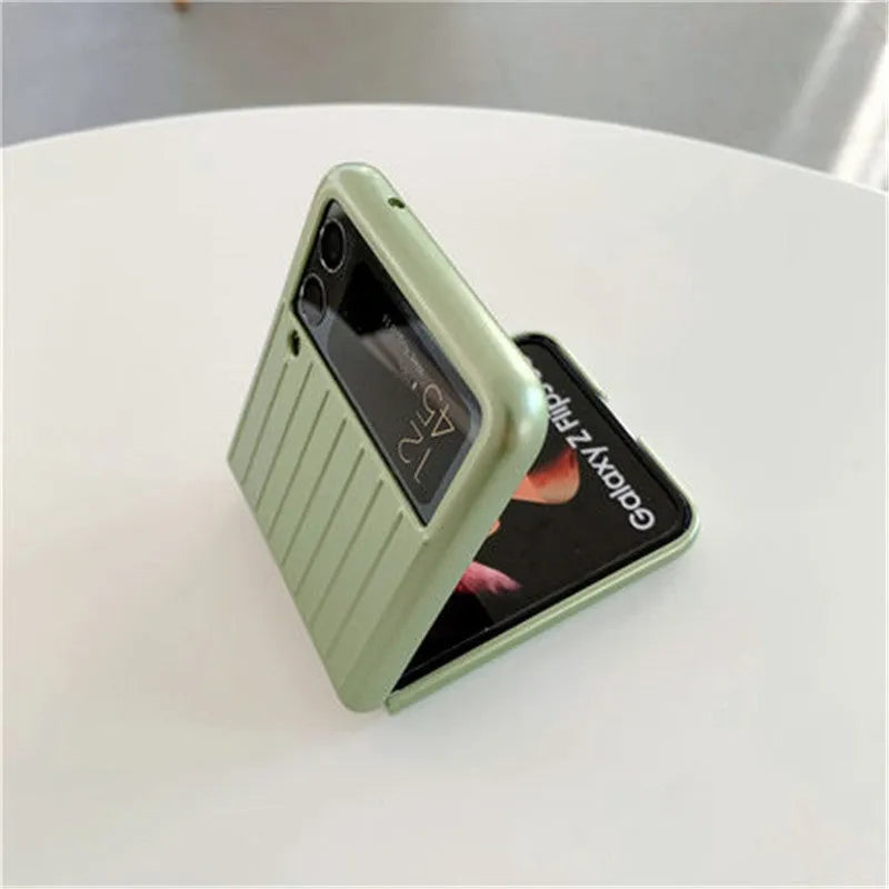 Samsung Z Flip3 ultra-thin PC flip case in seven colour options showing front and back views