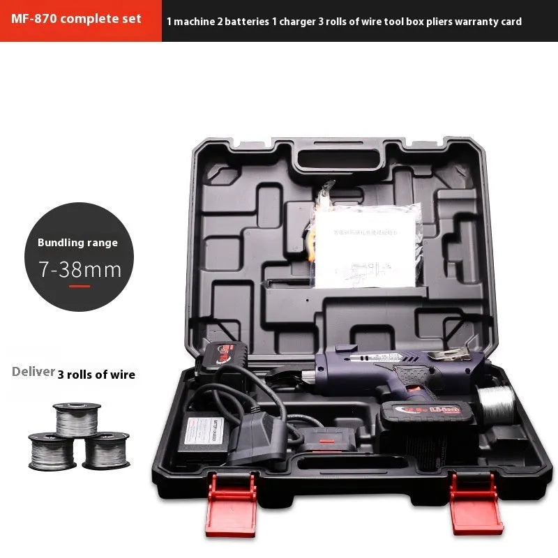 Fully automatic electric steel bar tying machine with battery on a construction site.