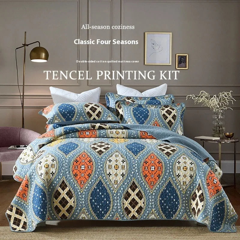Pure cotton quilted bed cover set with printed pattern for 1.5-1.8 metre beds