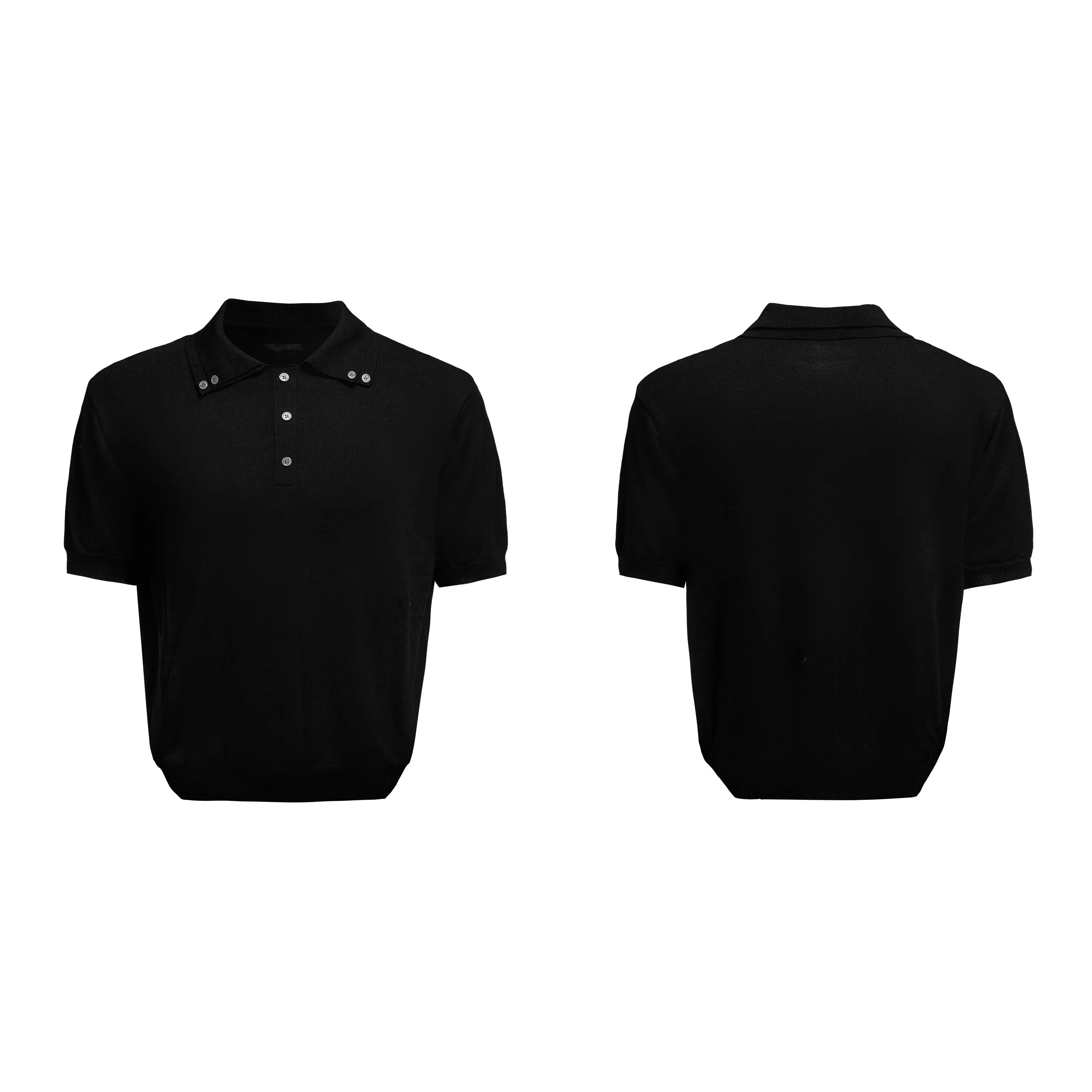 Men's black knit shirt with double collar design and short sleeves